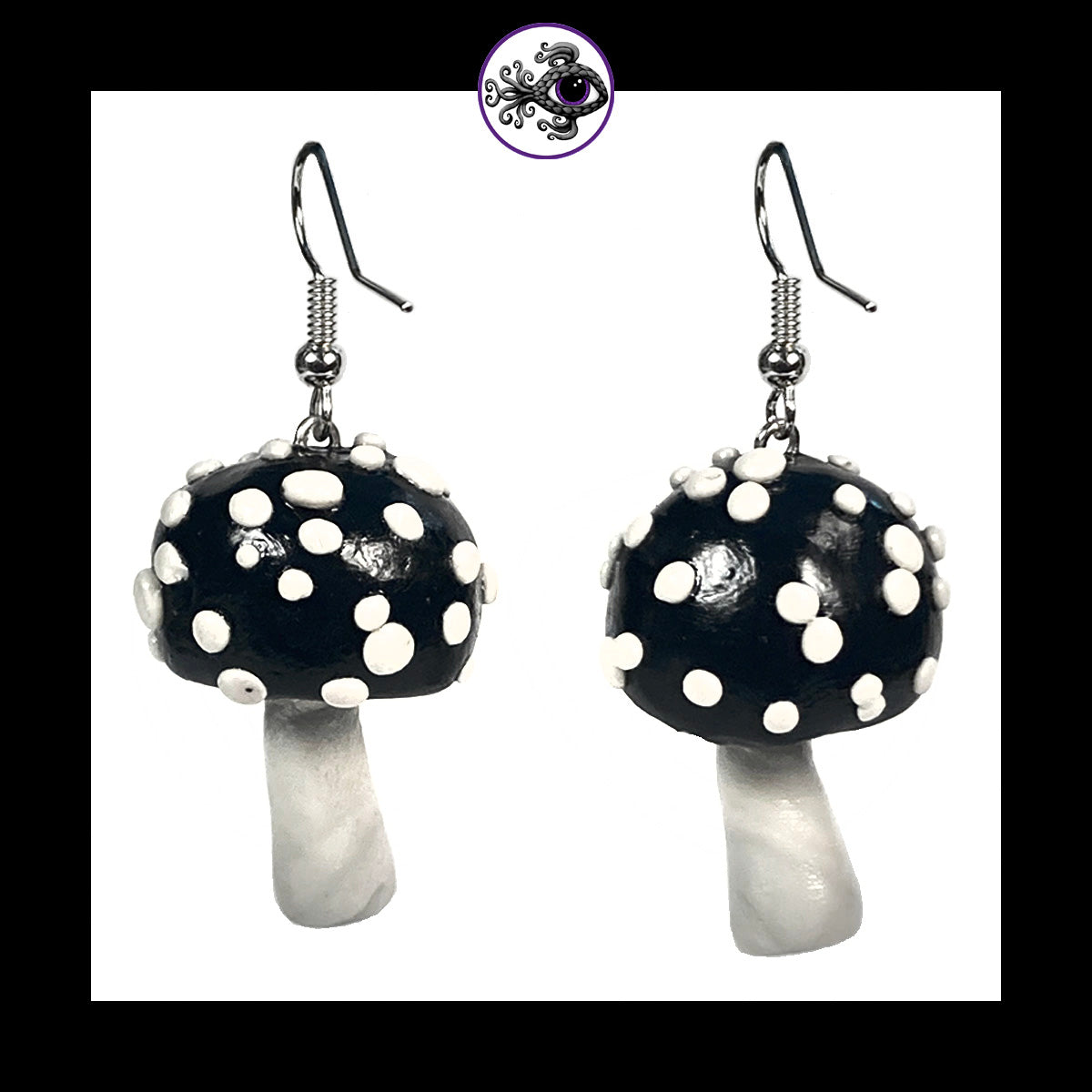 Mushrooms - Black Amanita - Handmade Clay Dangle Earrings