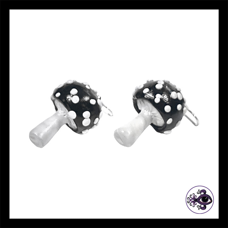 Mushrooms - Black Amanita - Handmade Clay Dangle Earrings