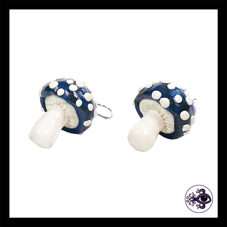 Mushrooms - Blue & Black Amanita - Handmade Clay Dangle Earrings