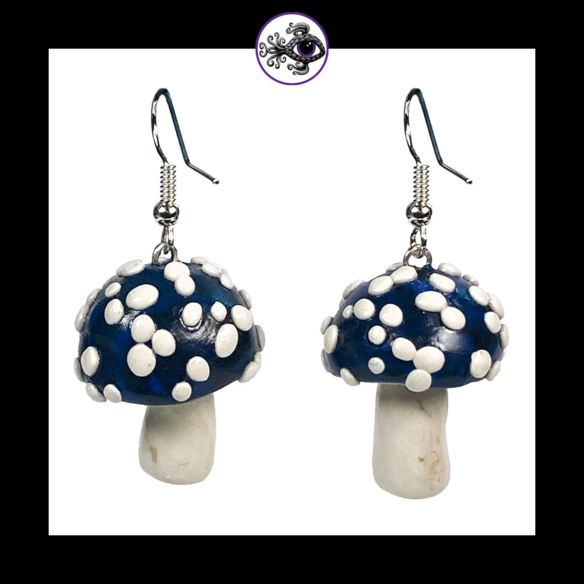 Mushrooms - Blue & Black Amanita - Handmade Clay Dangle Earrings