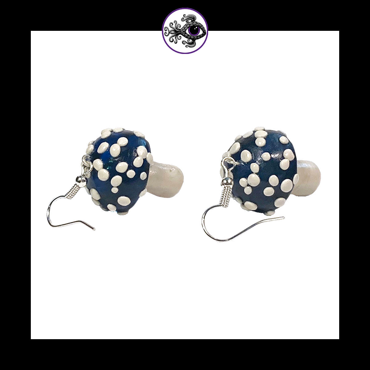Mushrooms - Blue & Black Amanita - Handmade Clay Dangle Earrings