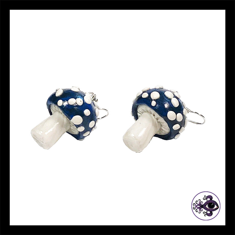 Mushrooms - Blue & Black Amanita - Handmade Clay Dangle Earrings