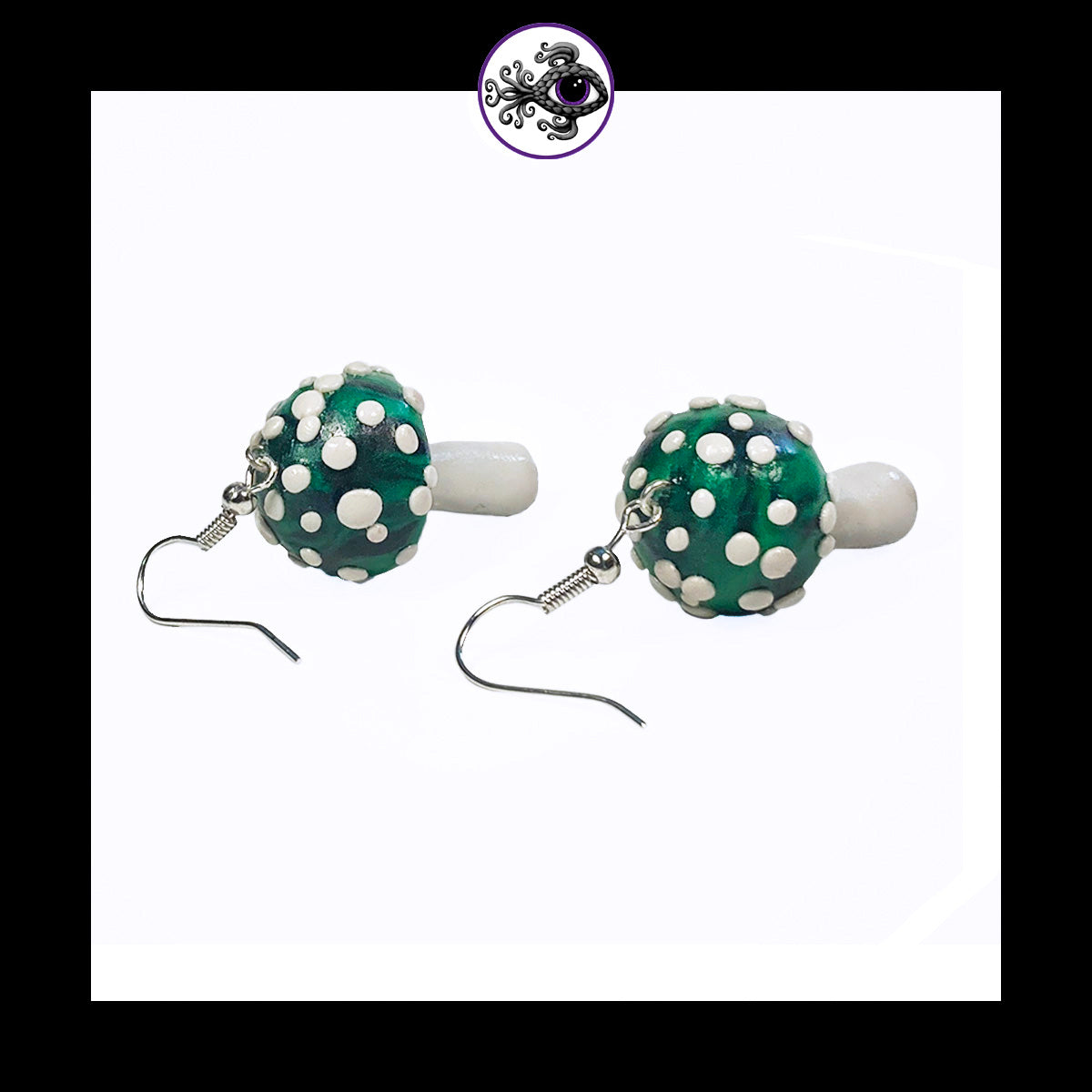Mushrooms - Green & Black Amanita - Handmade Clay Dangle Earrings *Custom Order Only*