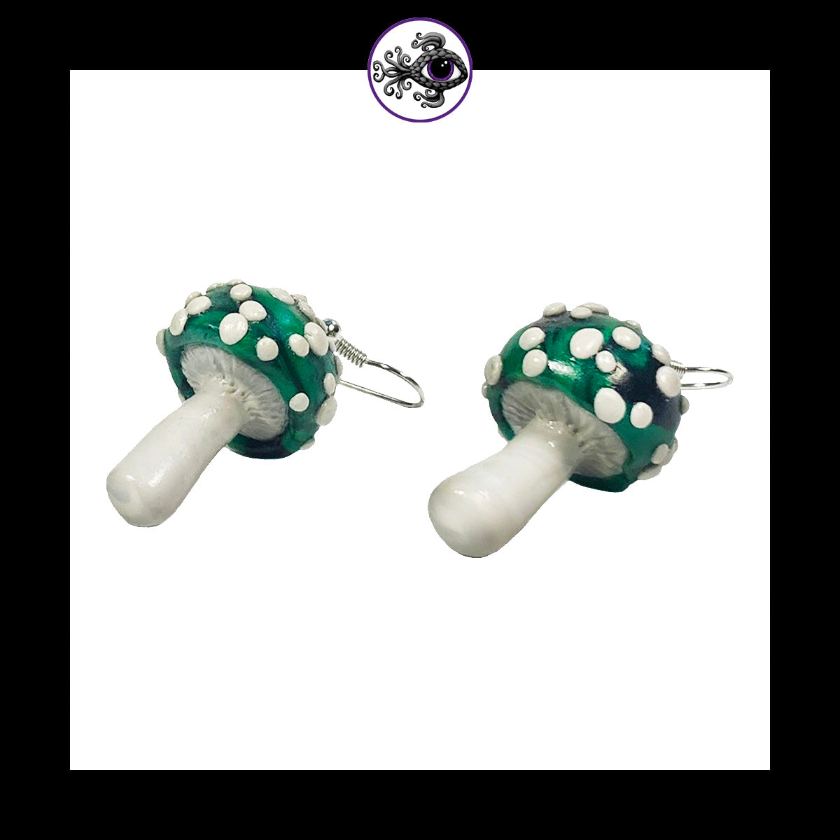 Mushrooms - Green & Black Amanita - Handmade Clay Dangle Earrings *Custom Order Only*