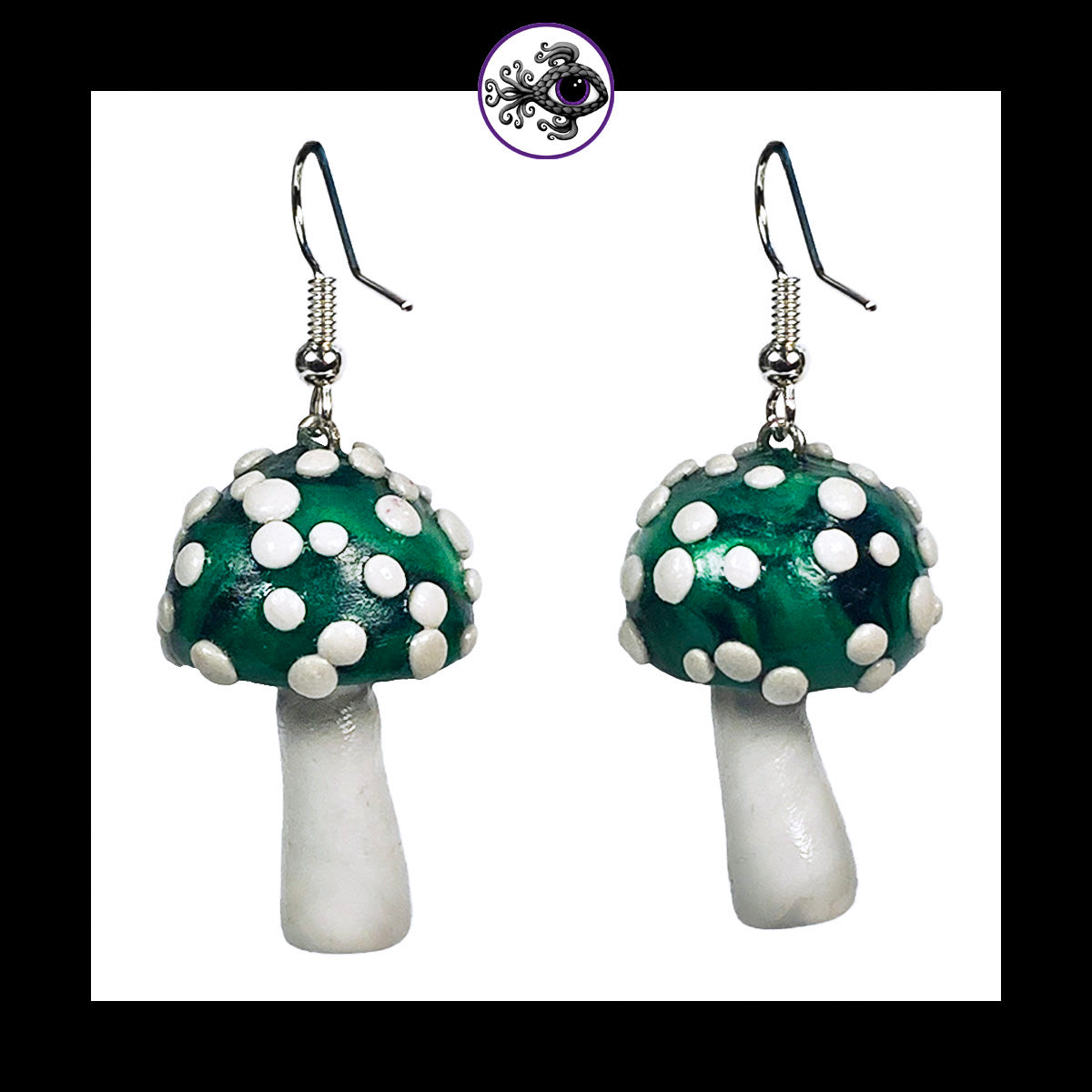 Mushrooms - Green & Black Amanita - Handmade Clay Dangle Earrings *Custom Order Only*