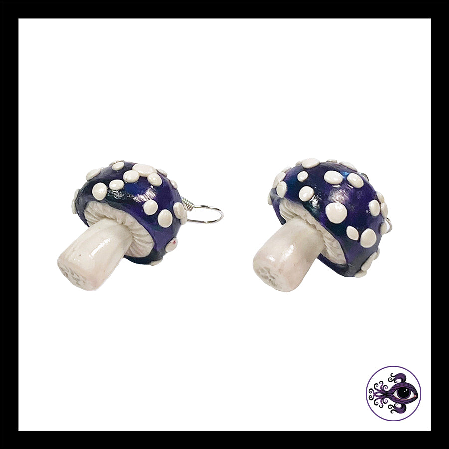 Mushrooms - Purple & Black Amanita - Handmade Clay Dangle Earrings