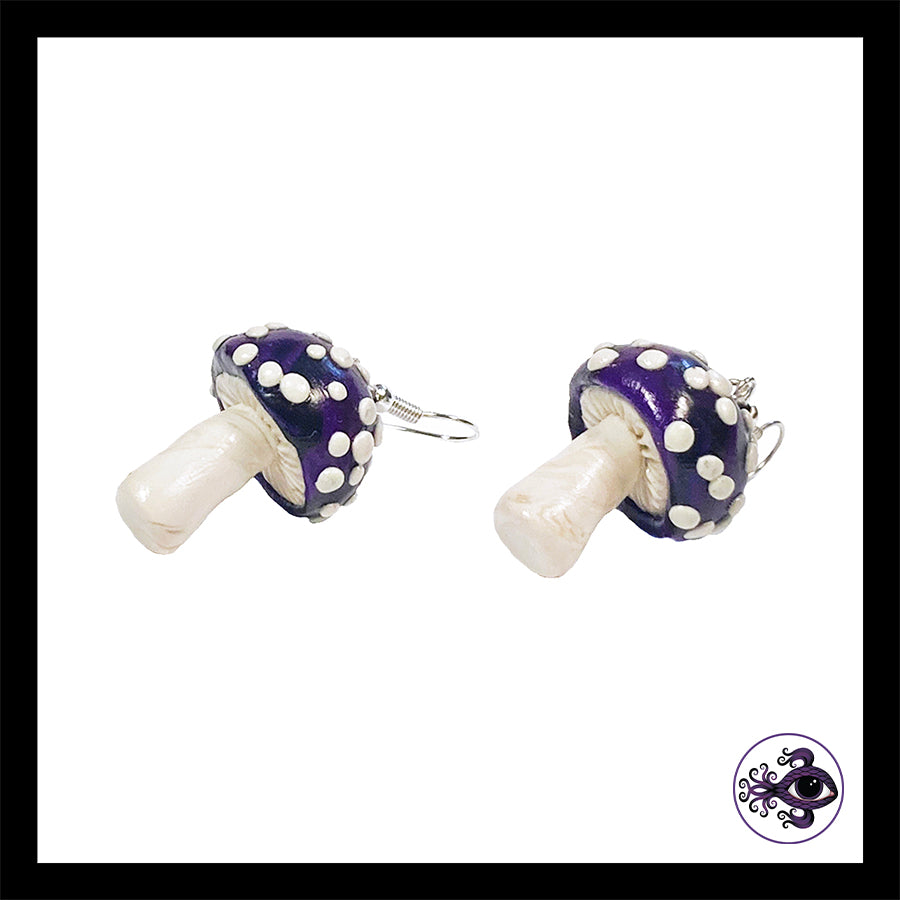 Mushrooms - Purple & Black Amanita - Handmade Clay Dangle Earrings