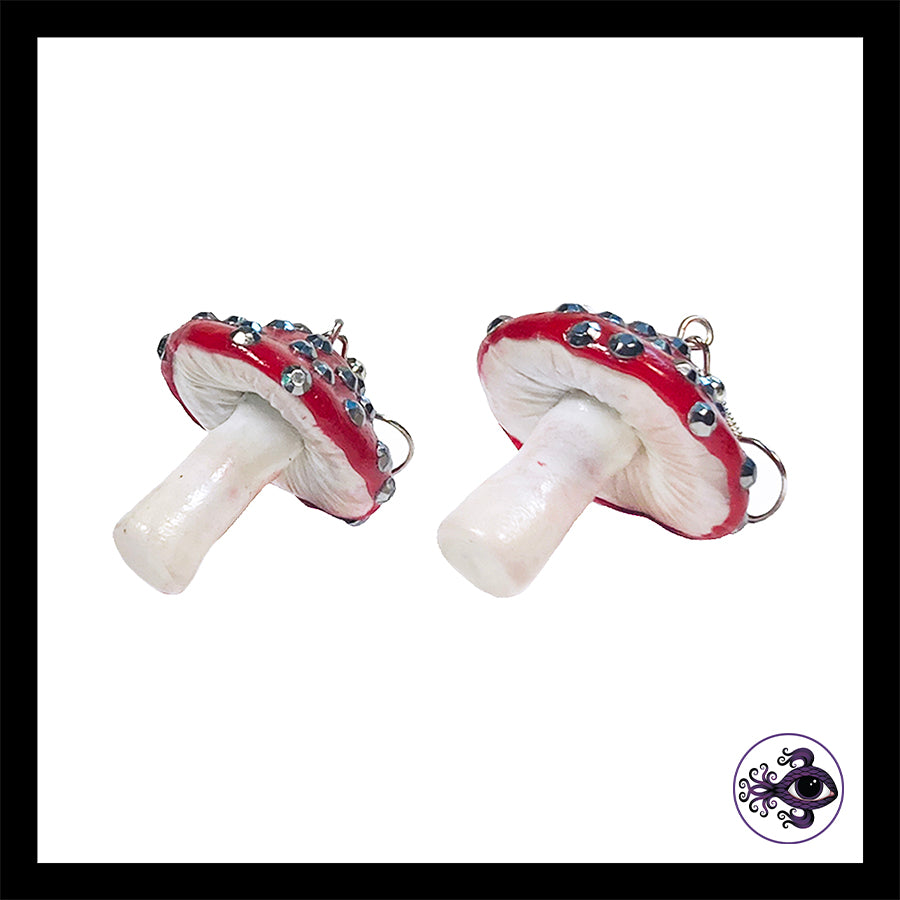 Mushrooms - Red Sparkle Amanita - Handmade Clay Dangle Earrings