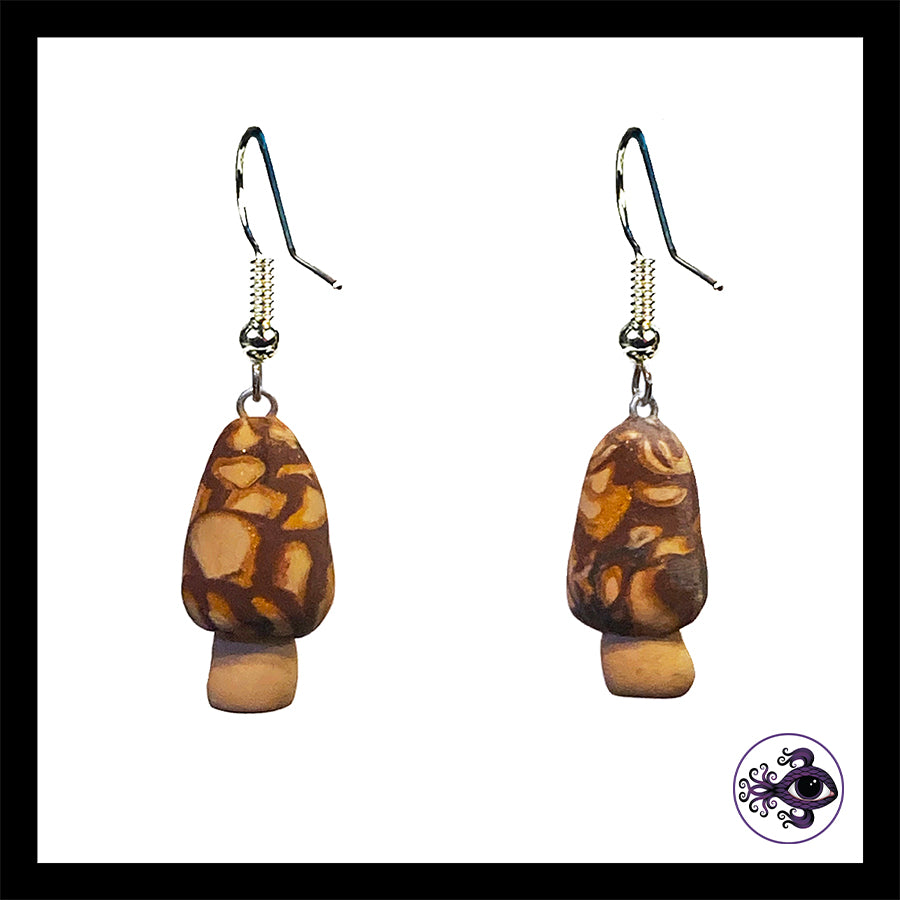 Mushrooms - Mini Morels - Handmade Clay Dangle Earrings