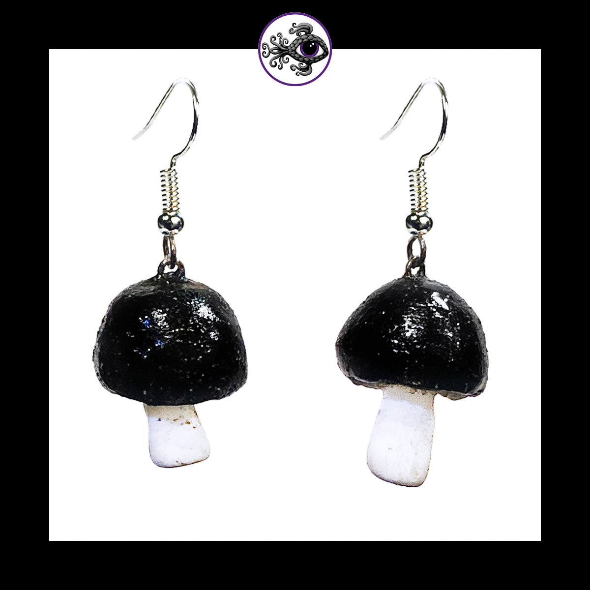 Mushrooms - Black Shimmer - Handmade Clay Dangle Earrings