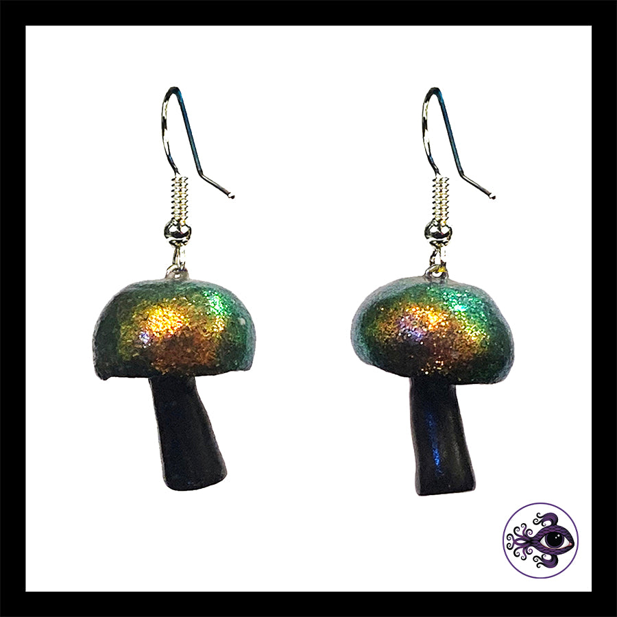 Mushrooms - Iridescent Black Shimmer - Handmade Clay Dangle Earrings *Custom Order Only*