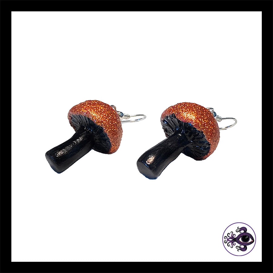 Mushrooms - Orange & Black Shimmer - Handmade Clay Dangle Earrings