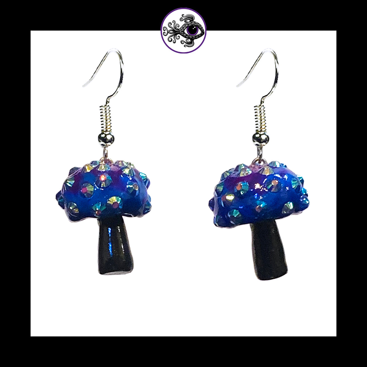Mushrooms - Blue & Black Sparkle Amanita - Handmade Clay Dangle Earrings *Custom Order Only*