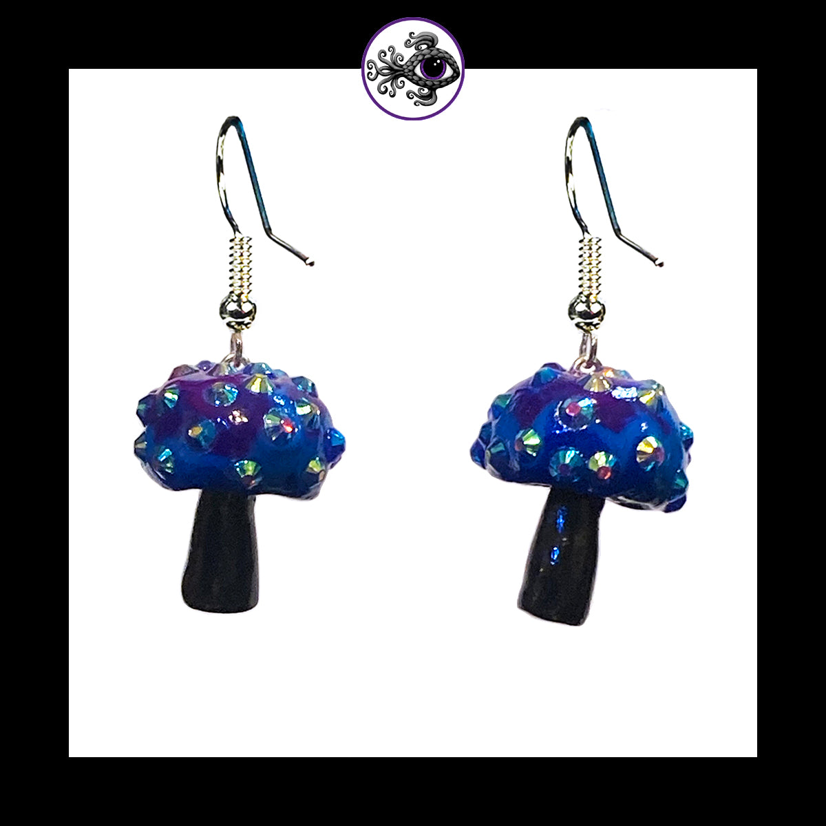 Mushrooms - Blue & Black Sparkle Amanita - Handmade Clay Dangle Earrings *Custom Order Only*