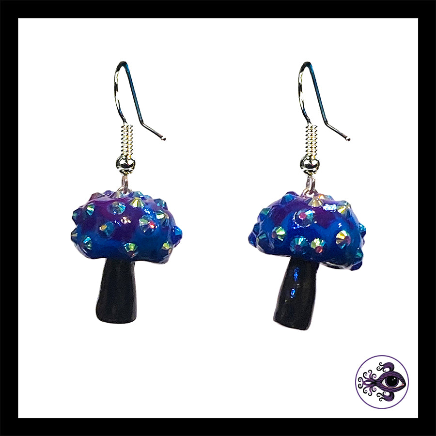 Mushrooms - Blue & Black Sparkle Amanita - Handmade Clay Dangle Earrings *Custom Order Only*