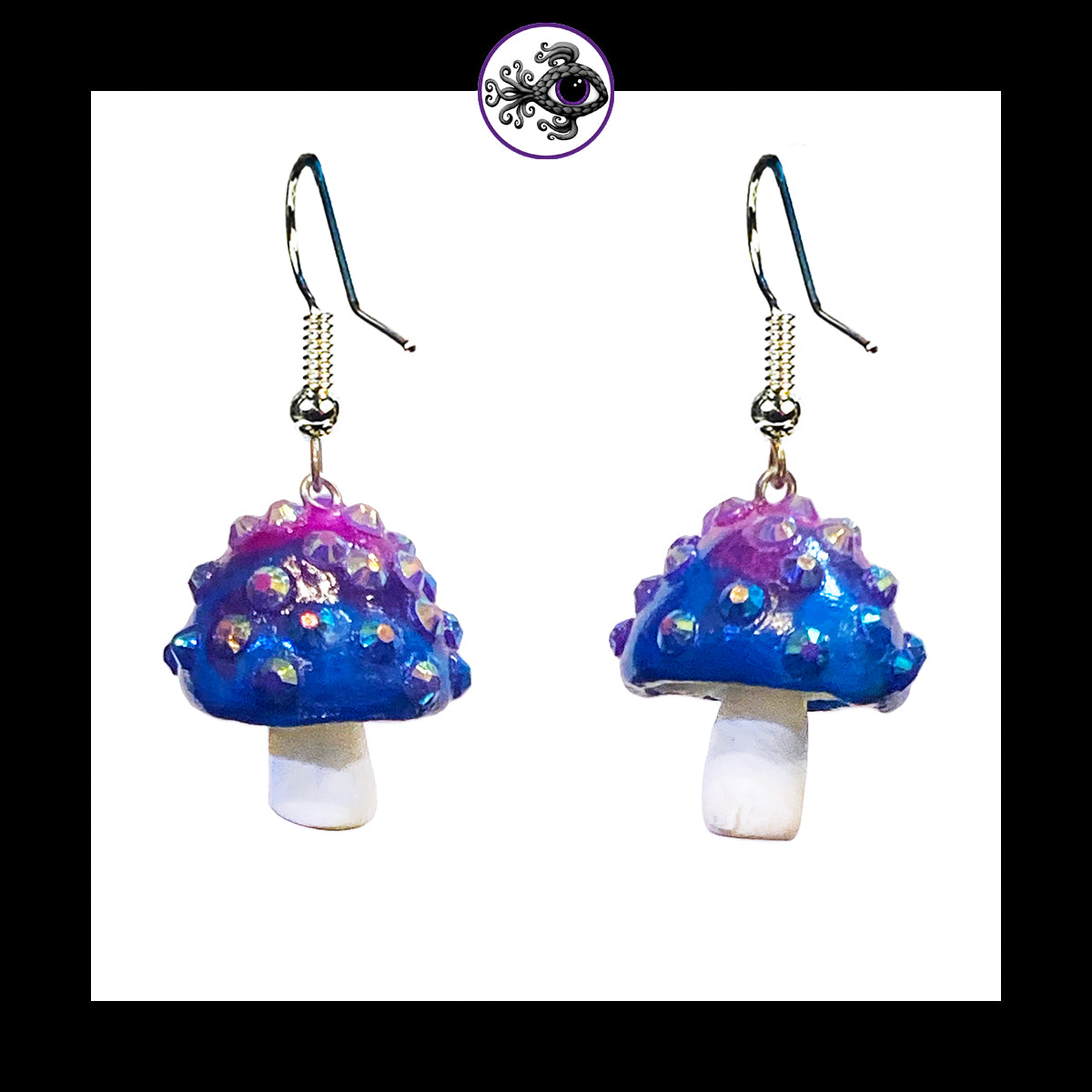 Mushrooms - Blue & White Sparkle Amanita - Handmade Clay Dangle Earrings *Custom Order Only*