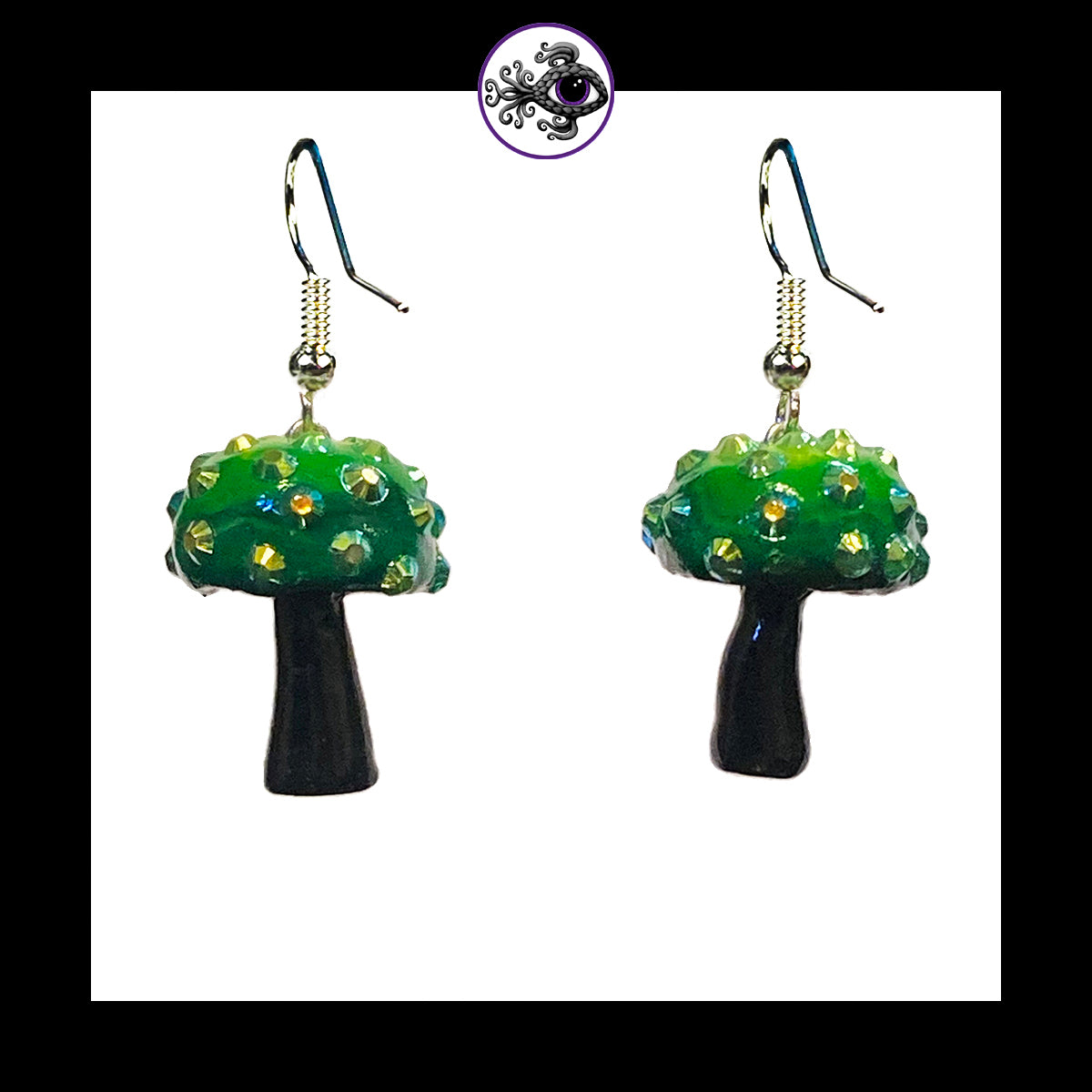Mushrooms - Green & Black Sparkle - Amanita Clay Dangle Earrings *Custom Order Only*