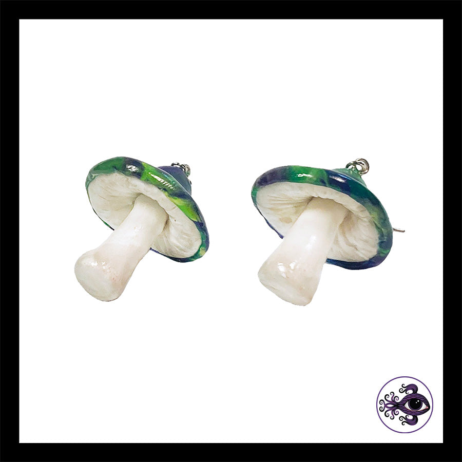 Mushrooms - Blue & Green Swirl - Handmade Clay Dangle Earrings