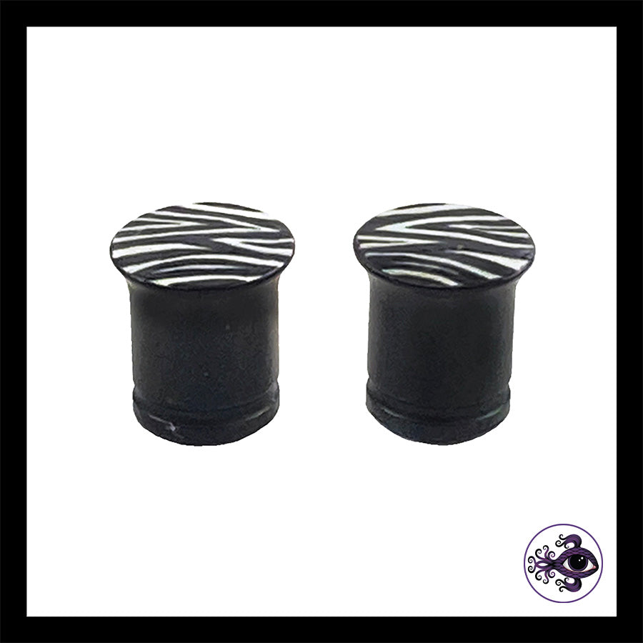 Plugs - 0g 8mm Zebra Stripes - Hand Painted Clay Gauge Earrings in Steel