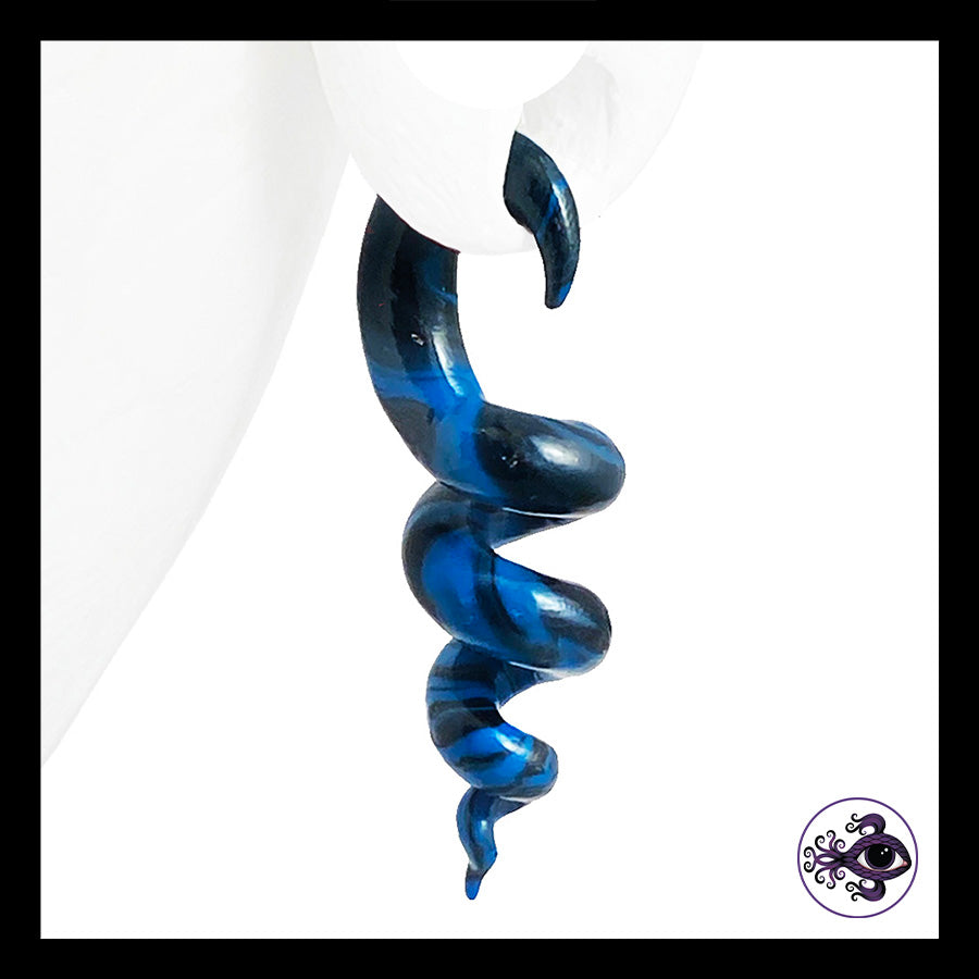 Spiral - Corkscrew - 6g 4mm Blue & Black - Handmade Clay Gauge Earrings