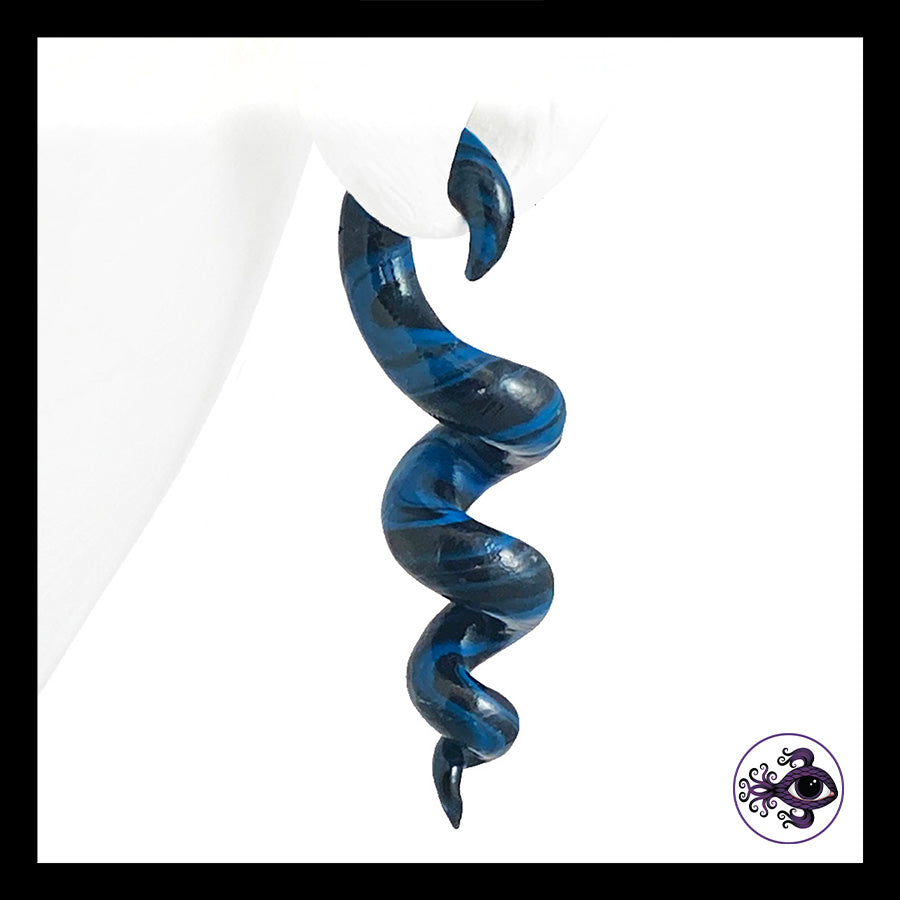 Spiral - Corkscrew - 6g 4mm Blue & Black - Handmade Clay Gauge Earrings