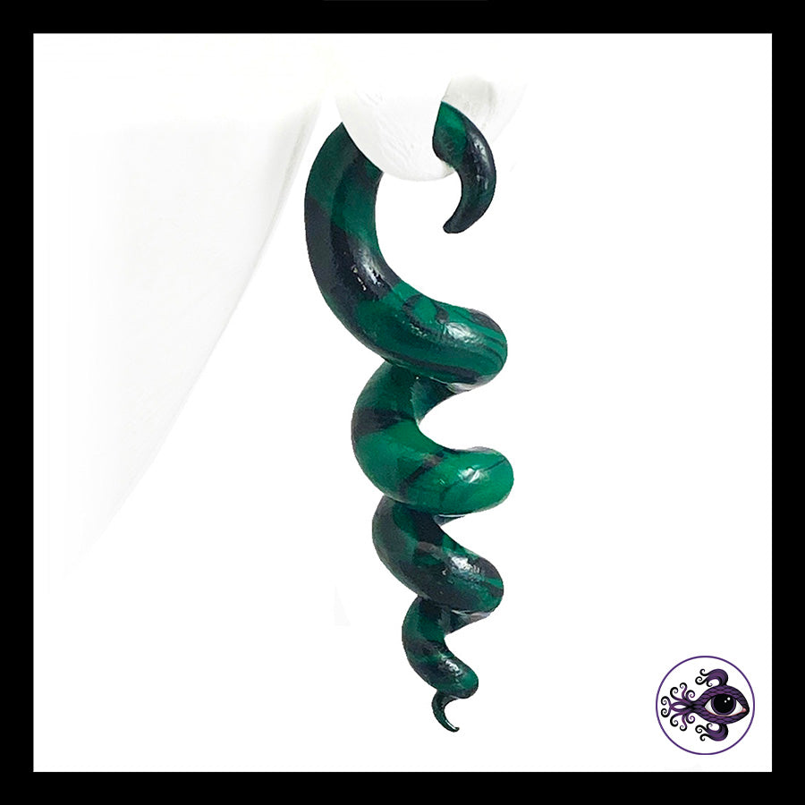 Spiral - Corkscrew - 6g 4mm Green & Black - Handmade Clay Gauge Earrings