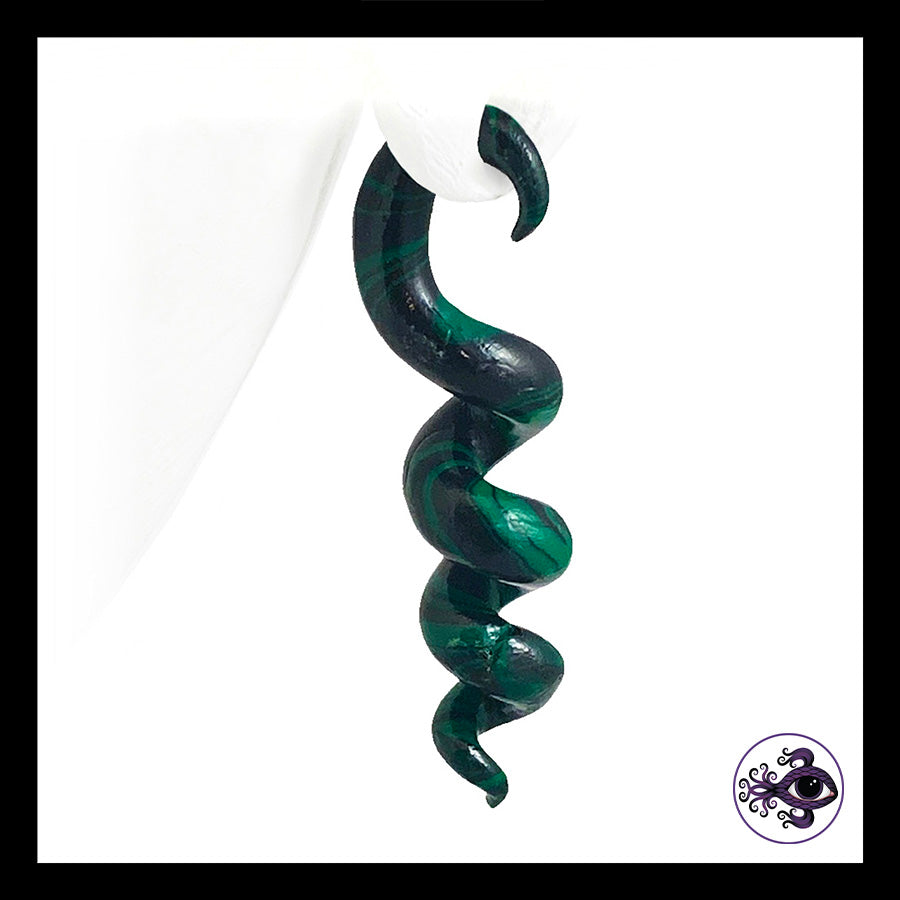 Spiral - Corkscrew - 6g 4mm Green & Black - Handmade Clay Gauge Earrings