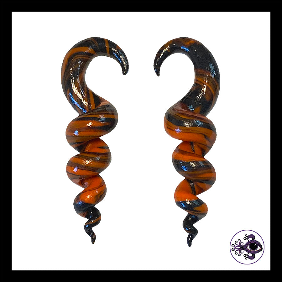 Spiral - Corkscrew - 4g 5mm Orange & Black - Handmade Clay Gauge Earrings
