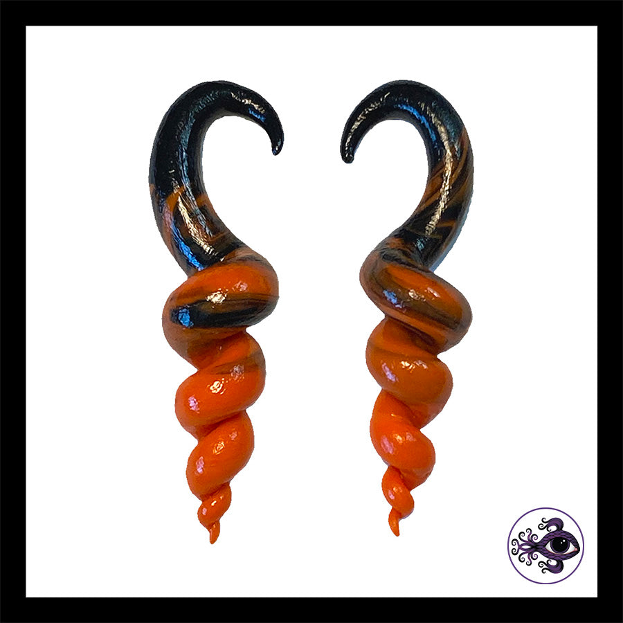 Spiral - Corkscrew - 6g 4mm Orange & Black - Handmade Clay Gauge Earrings