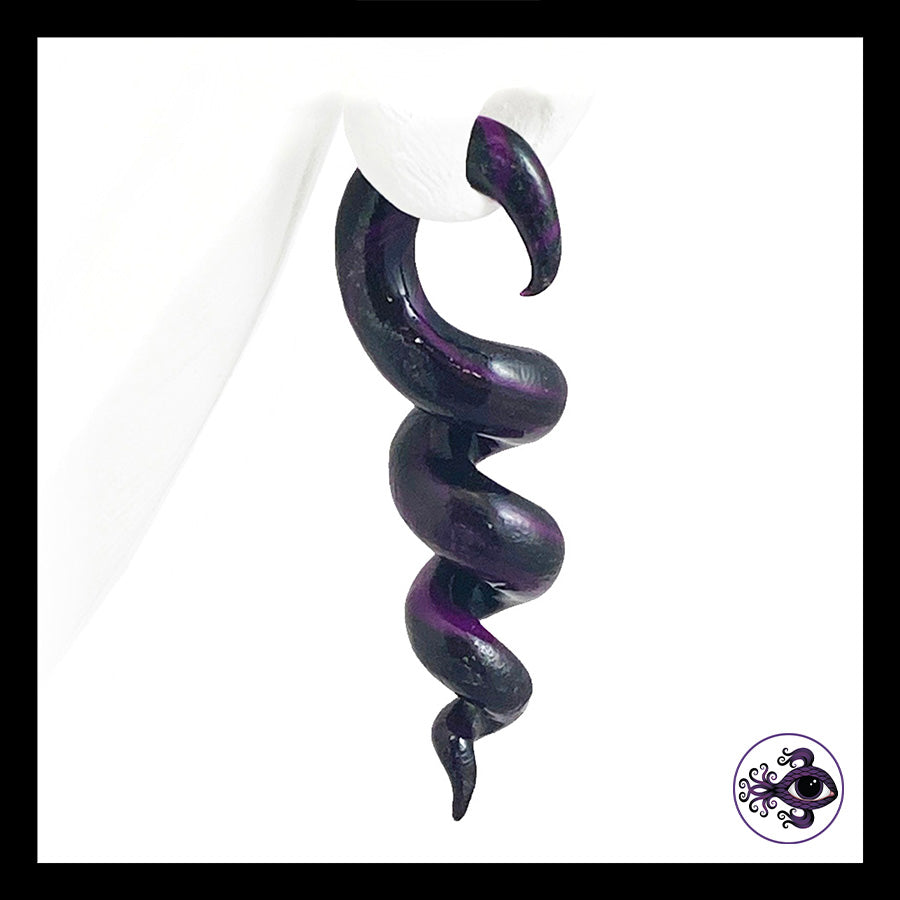 Spiral - Corkscrew - 6g 4mm Purple & Black - Handmade Clay Gauge Earrings