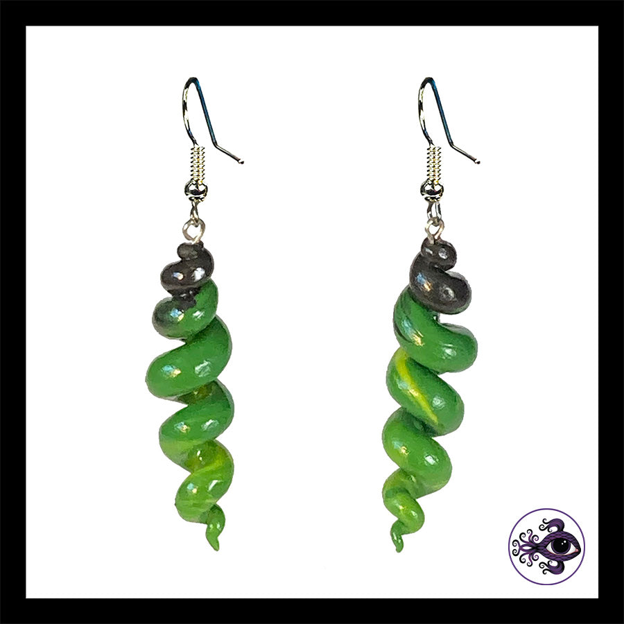 Spiral - Corkscrew - Green & Black - Handmade Clay Dangle Earrings