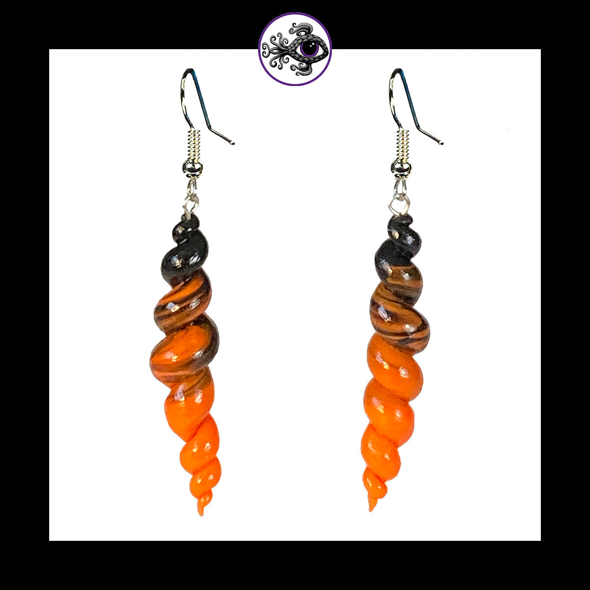 Spiral - Corkscrew - Orange & Black - Handmade Clay Dangle Earrings