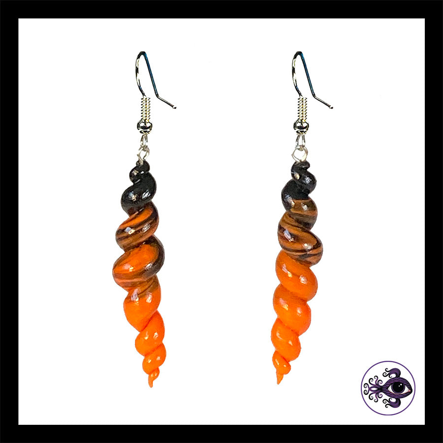 Spiral - Corkscrew - Orange & Black - Handmade Clay Dangle Earrings