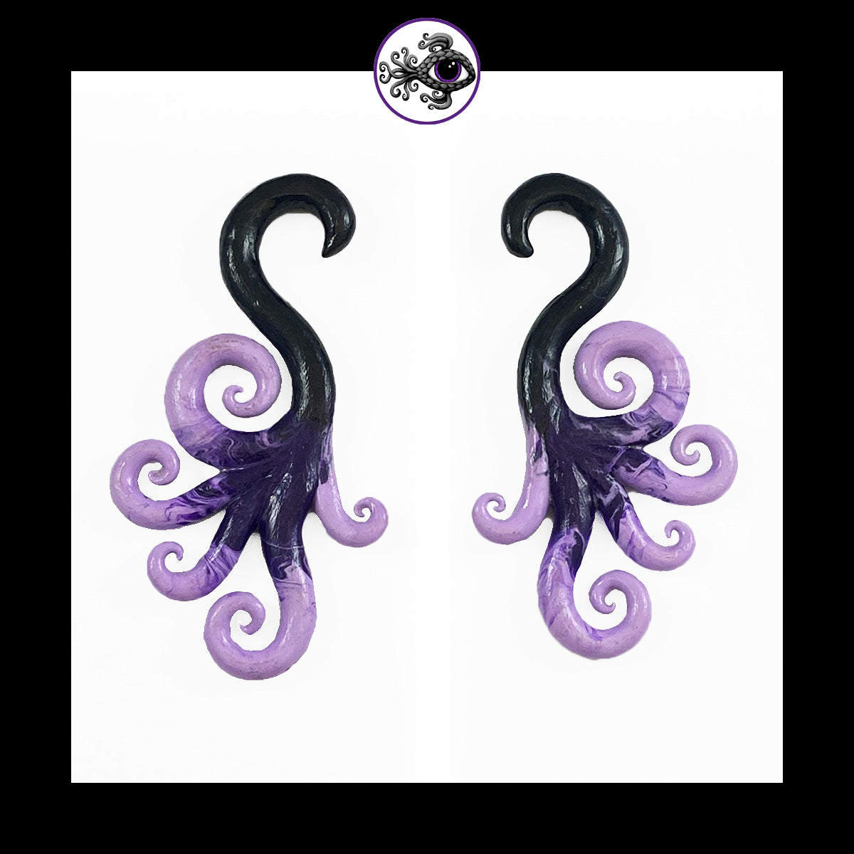 Spiral - Multi - 0g 8mm Black & Purple - Handmade Clay Gauge Earrings