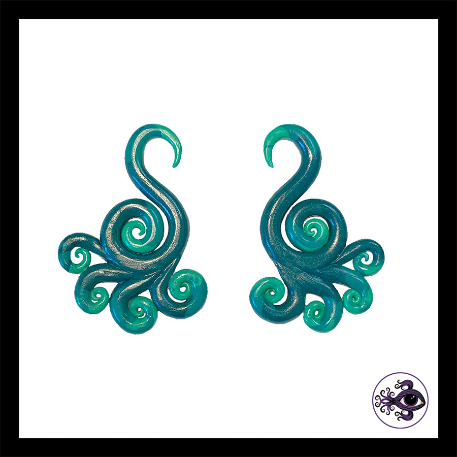 Spiral - Multi - Turquoise & Black - Handmade Clay Gauge Earrings
