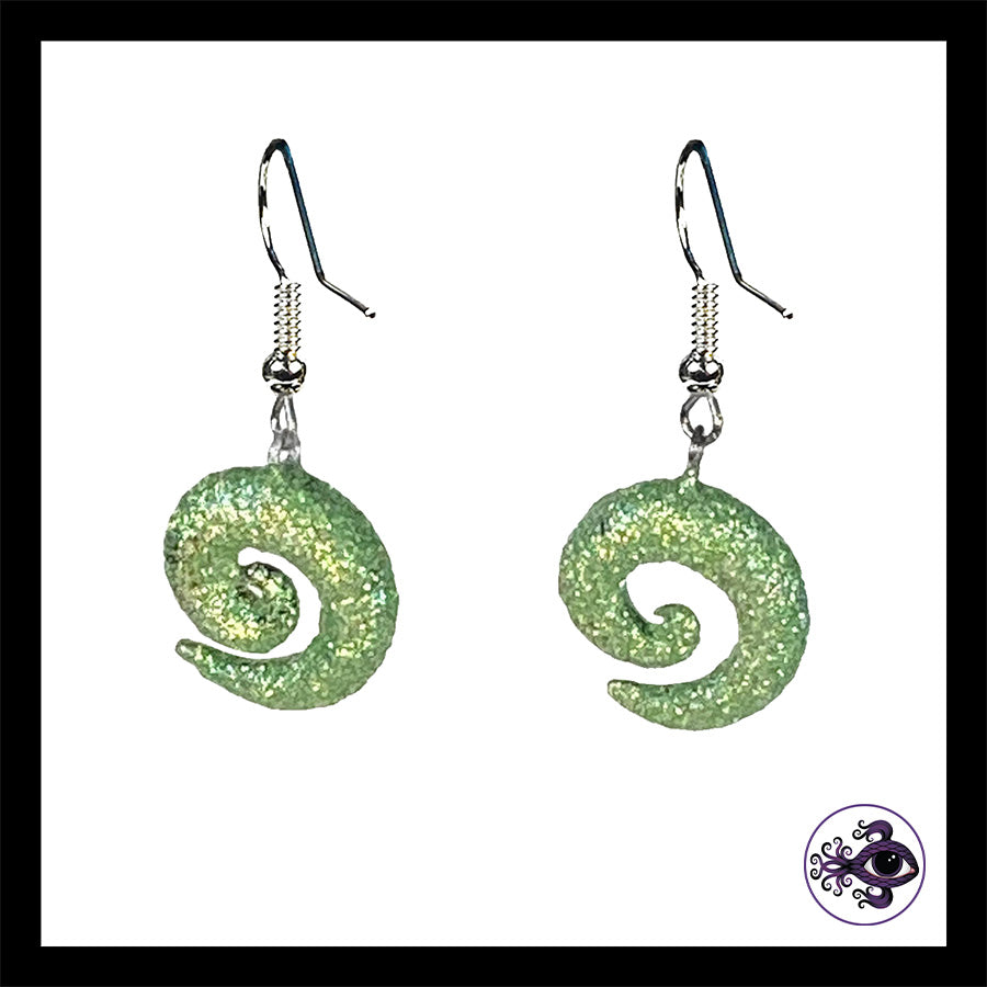 Spiral - Green Shimmer - Handmade Clay Dangle Earrings
