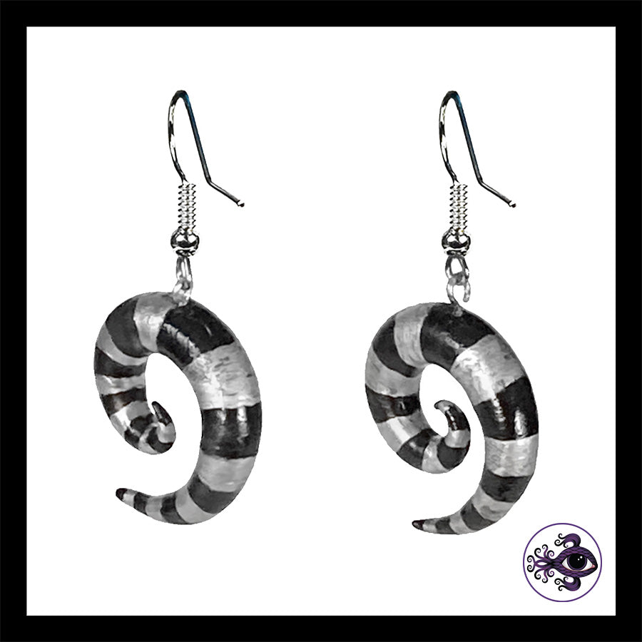 Spiral - Silver & Black Stripes - Handmade Clay Dangle Earrings