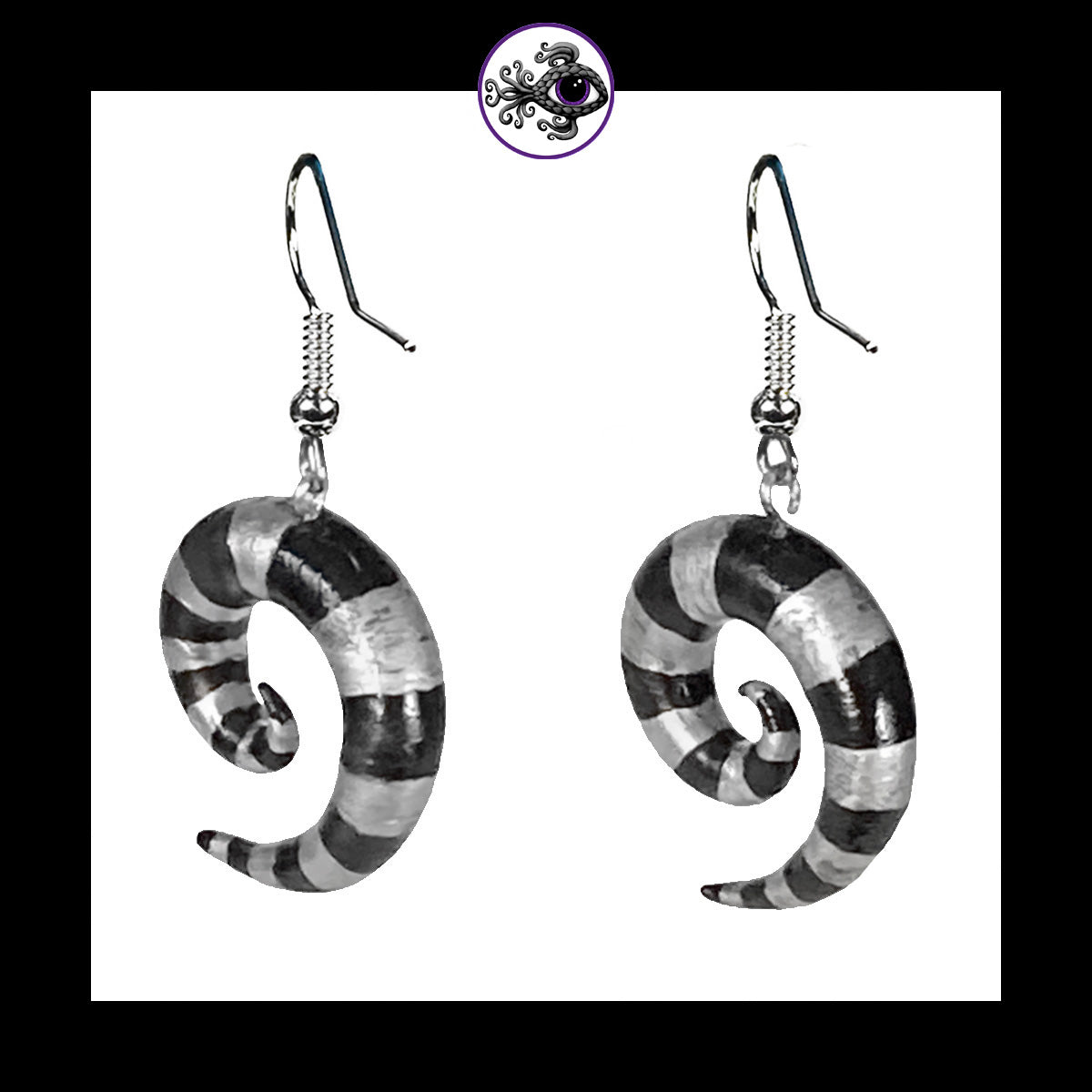 Spiral - Silver & Black Stripes - Handmade Clay Dangle Earrings