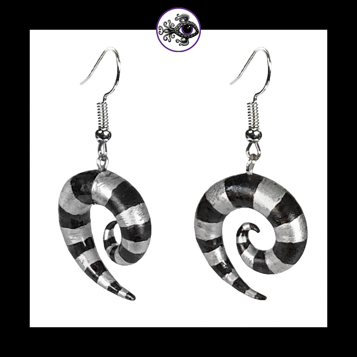 Spiral - Silver & Black Stripes - Handmade Clay Dangle Earrings