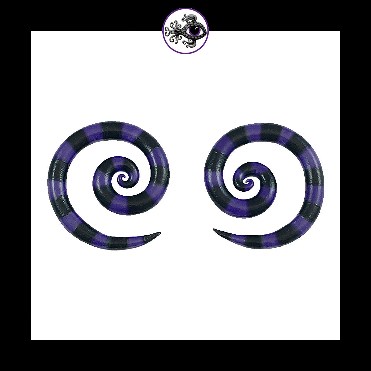 Spiral - 4g 5mm Purple & Black Stripes - Handmade & Painted Clay Gauge Earrings