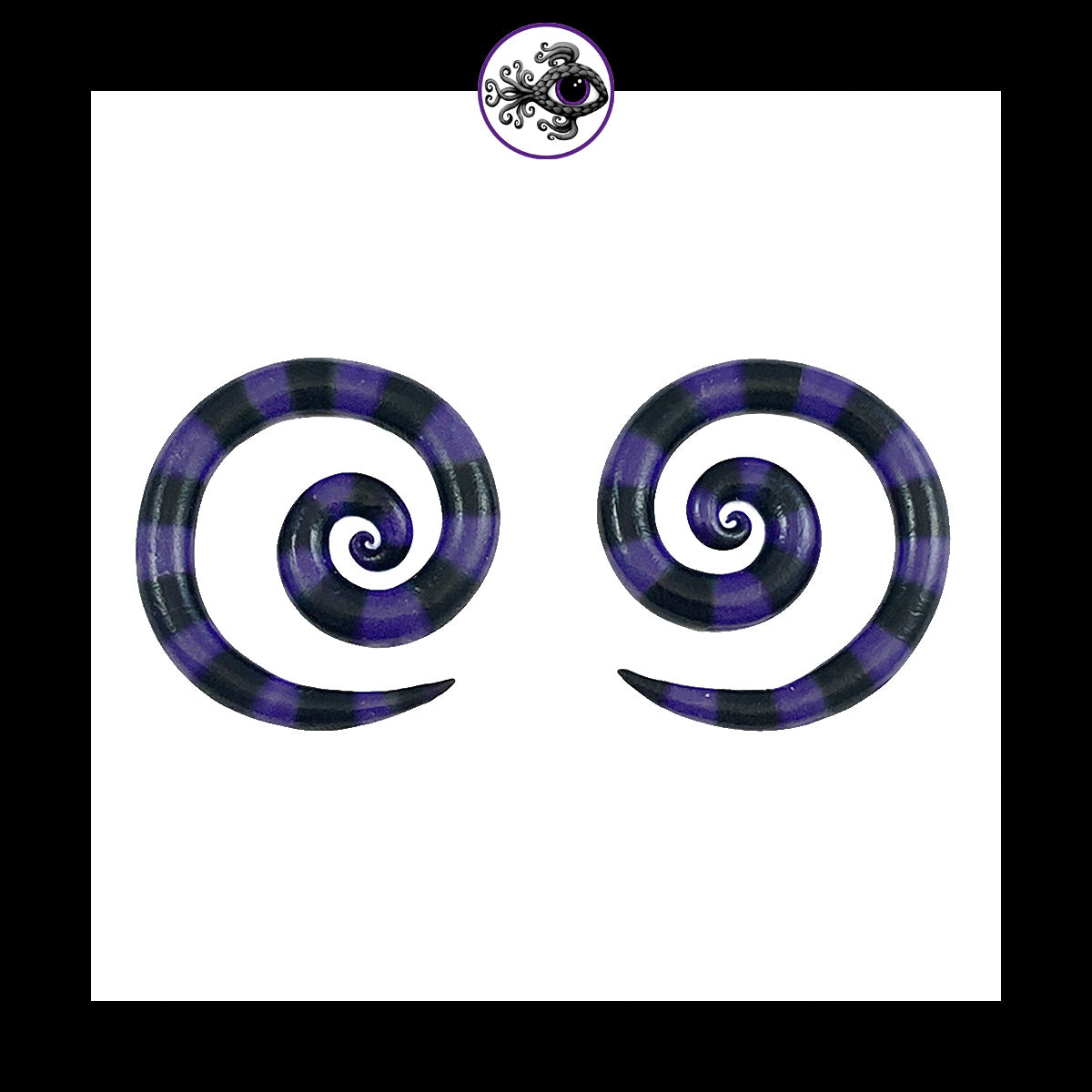 Spiral - 4g 5mm Purple & Black Stripes - Handmade & Painted Clay Gauge Earrings