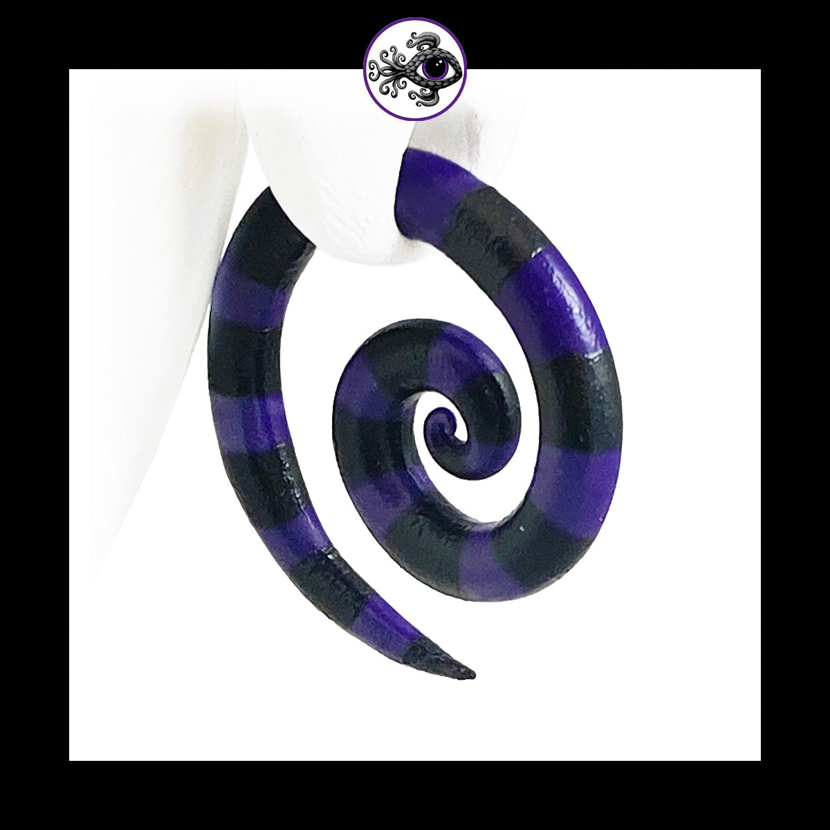 Spiral - 4g 5mm Purple & Black Stripes - Handmade & Painted Clay Gauge Earrings