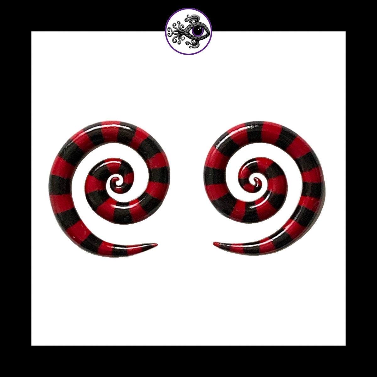 Spiral - 4g 5mm Red & Black Stripes - Handmade & Painted Clay Gauge Earrings