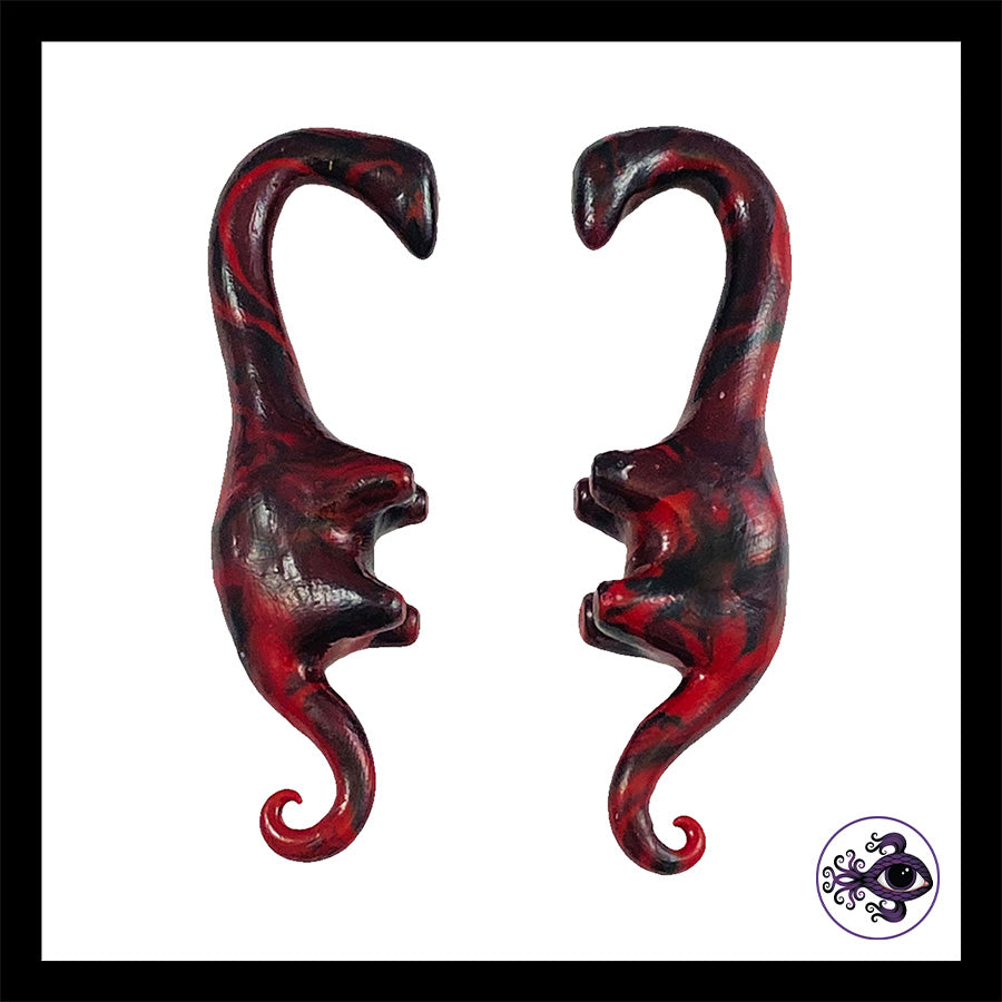 Dinosaurs - 0g 8mm Black & Red - Handmade Clay Gauge Earrings
