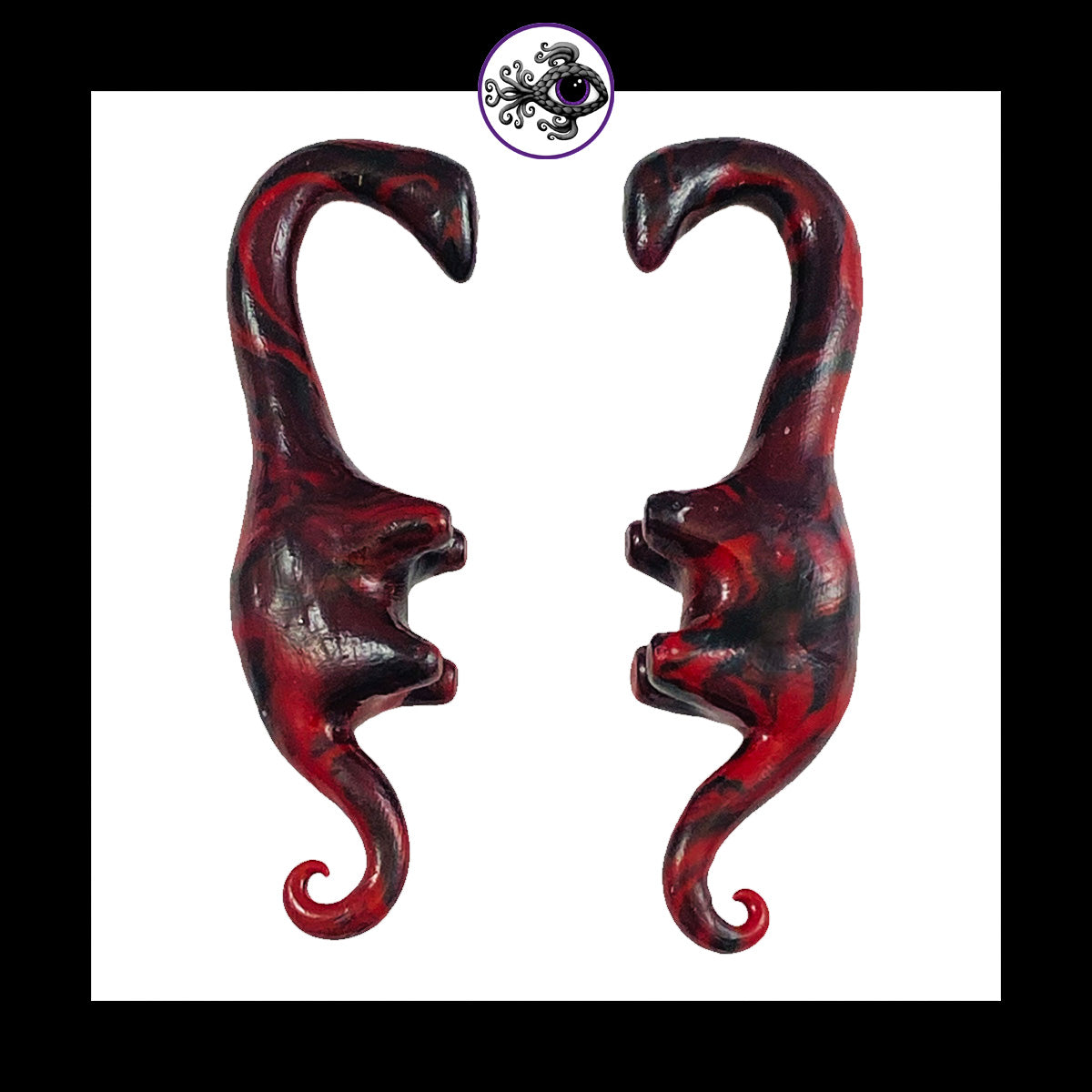 Dinosaurs - 0g 8mm Black & Red - Handmade Clay Gauge Earrings