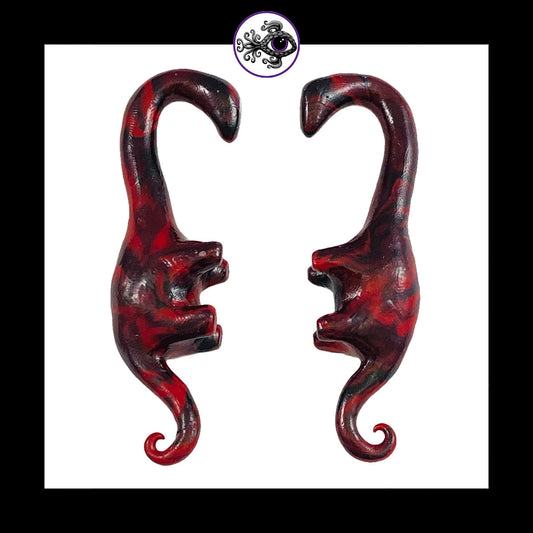 Dinosaurs - 0g 8mm Black & Red - Handmade Clay Gauge Earrings