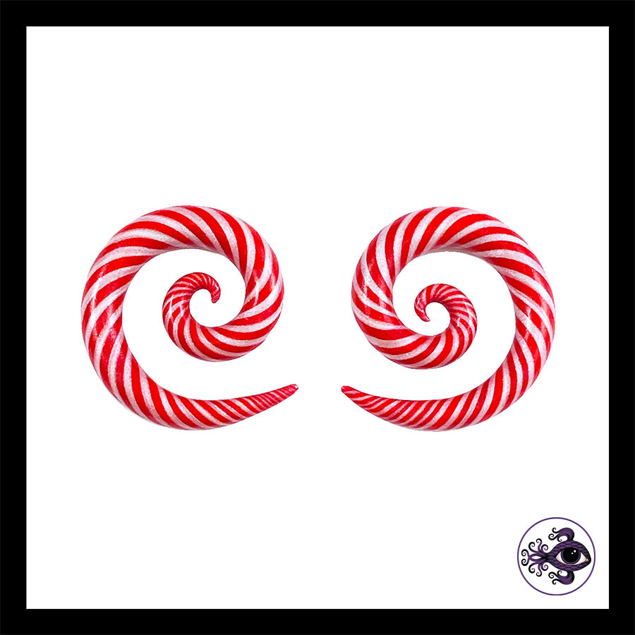 Candy Canes - 0g 8mm Spiral - Handmade Clay Gauge Earrings