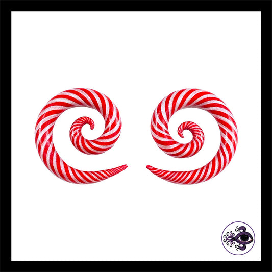 Candy Canes - 0g 8mm Spiral - Handmade Clay Gauge Earrings