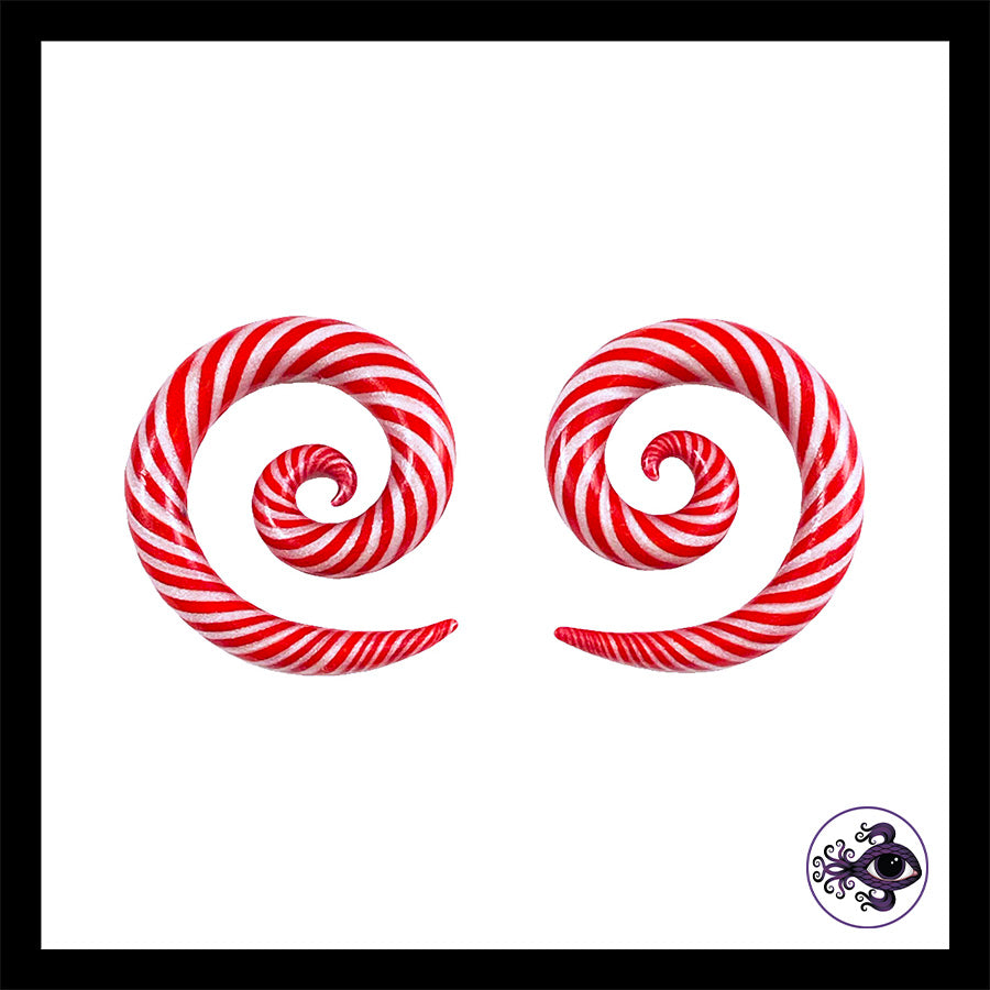 Candy Canes - 0g 8mm Spiral - Handmade Clay Gauge Earrings