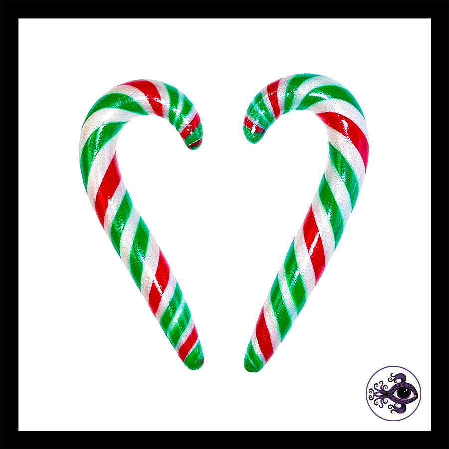 Candy Canes - 1g 7mm - Green & Red - Handmade Clay Gauge Earrings
